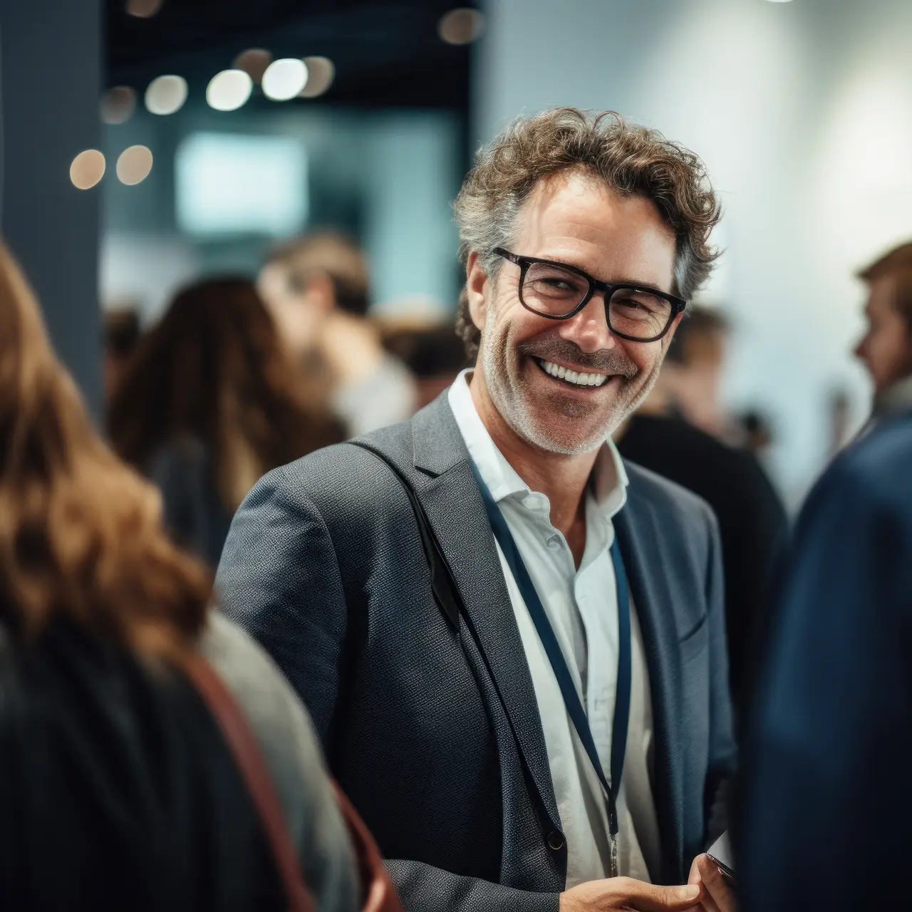 Business man at professional event being present and smiling