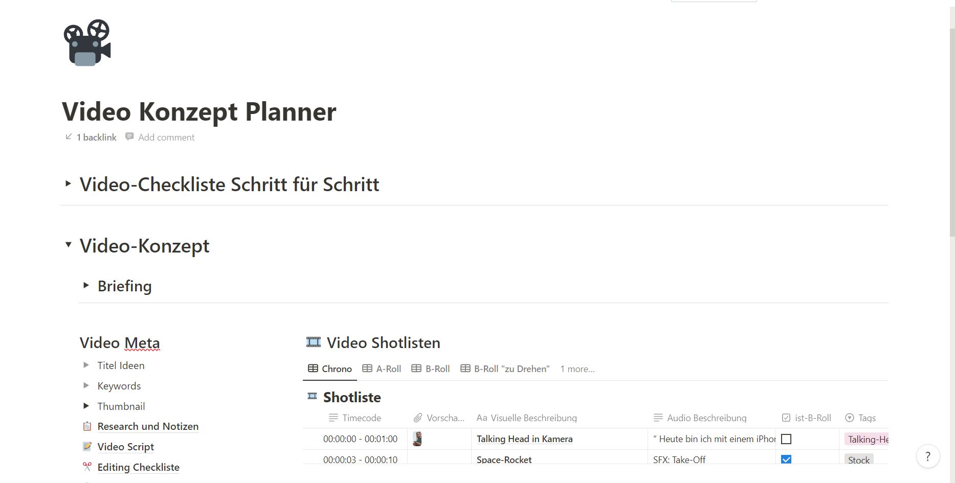 Notion Video Konzept Vorlage und Video Script Vorlage
