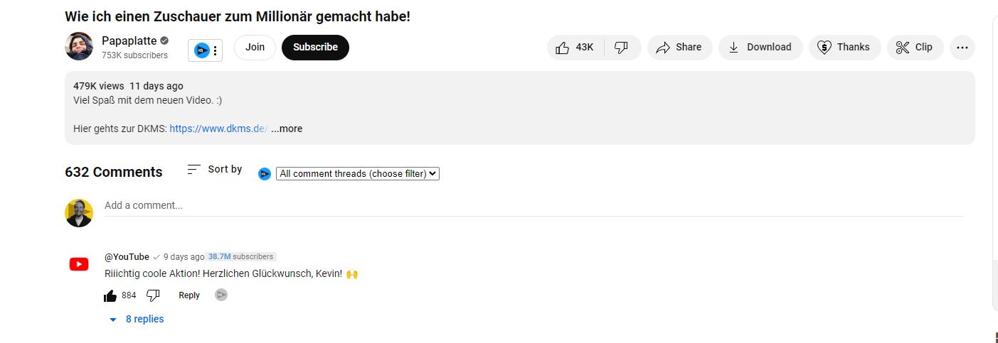 YouTube Kommentar "" unter Papaplattes Video zur "Koffermillionär-Aktion von Joko und Klaas"